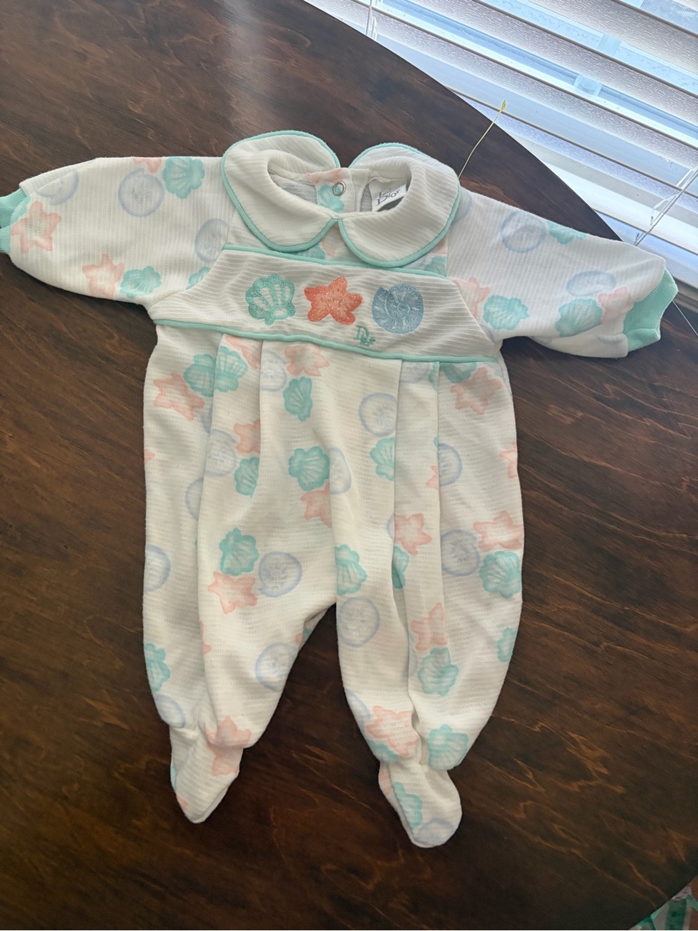 Dior Infant Footed One-Piece in White with Mint & Peach Shell Prints